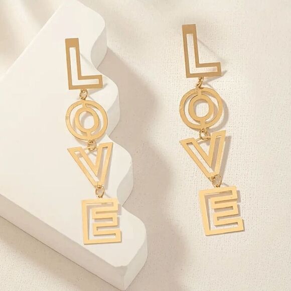 LOVE Golden Dangle Earrings - Picture 3 of 6